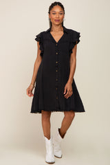 Black Chambray Ruffle Sleeve Button Up Dress