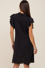 Black Chambray Ruffle Sleeve Button Up Maternity Dress