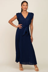 Navy Pleated Waist Tie Maternity Maxi Dress