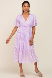 Lavender Chiffon Animal Print Tiered Midi Dress