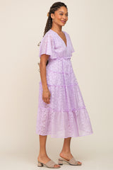 Lavender Chiffon Animal Print Tiered Midi Dress