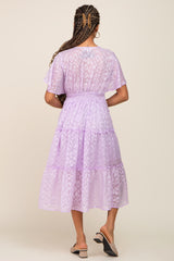 Lavender Chiffon Animal Print Tiered Midi Dress