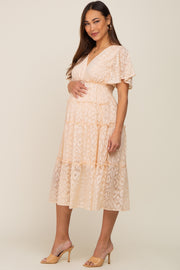 Beige Chiffon Animal Print Tiered Maternity Midi Dress