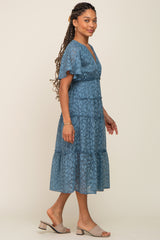 Blue Chiffon Animal Print Tiered Midi Dress