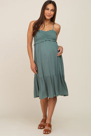 Light Olive Smocked Ruffle Accent Maternity Midi Dress