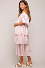 Light Pink Striped Layered Maternity Midi Dress