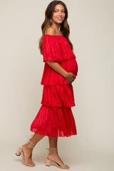 Red Striped Layered Maternity Midi Dress