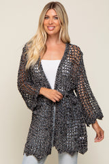 Black Open Knit Waist Tie Maternity Cardigan