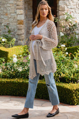 Beige Open Knit Waist Tie Maternity Cardigan