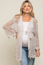 Beige Open Knit Waist Tie Maternity Cardigan