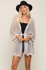 Beige Open Knit Waist Tie Maternity Cardigan