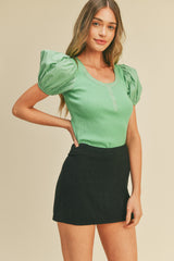 Green Ribbed Knit Contrast Puff Sleeve Top