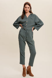 Hunter Green Long Sleeve Button Down And Long Pants Sets