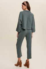 Hunter Green Long Sleeve Button Down And Long Pants Sets