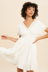 Off White Surplice Tiered Mini Dress