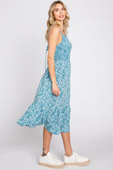 Blue Floral Smocked Back Tie Midi Dress