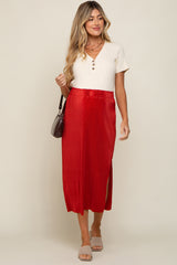 Rust Red Pleated Side Slit Maternity Midi Skirt