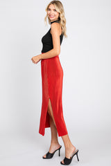 Rust Red Pleated Side Slit Midi Skirt