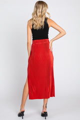 Rust Red Pleated Side Slit Midi Skirt