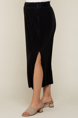 Black Pleated Side Slit Maternity Midi Skirt