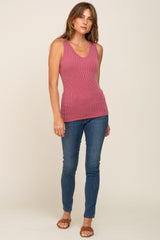 Mauve Ribbed V-Neck Sleeveless Top