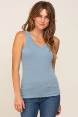 Blue Ribbed V-Neck Sleeveless Top