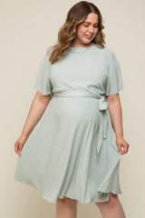 Mint Green Crepe Textured Waist Tie Maternity Plus Dress