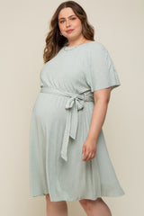 Mint Green Crepe Textured Waist Tie Maternity Plus Dress