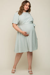 Mint Green Crepe Textured Waist Tie Maternity Plus Dress