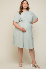 Mint Green Crepe Textured Waist Tie Maternity Plus Dress