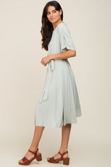 Mint Green Crinkle Knit Tie Waist Short Sleeve Dress