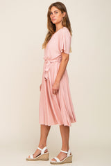 Pink Crinkle Knit Tie Waist Short Sleeve Dress