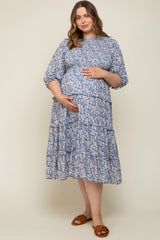 Blue Floral Smocked Ruffle Tiered Maternity Plus Midi Dress