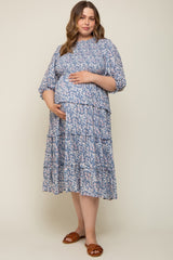 Blue Floral Smocked Ruffle Tiered Maternity Plus Midi Dress