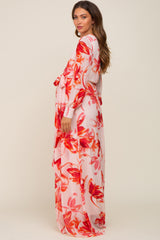 Red Brush Stroke Print Chiffon Maternity Maxi Dress