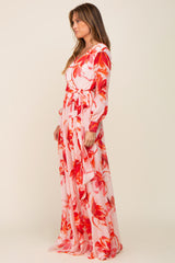 Red Brush Stroke Print Chiffon Maxi Dress