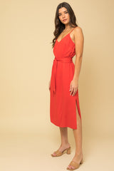 Red Tie Waist Smocked Back Midi Cami Dress