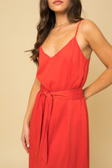 Red Tie Waist Smocked Back Midi Cami Dress