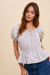 Grey Washed Pin Tuck Peplum Peasant Blouse