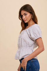 Grey Washed Pin Tuck Peplum Peasant Blouse