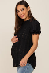 Black Eyelet Textured Mock Neck Maternity Top