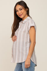 Beige Striped Linen Button Down Short Sleeve Maternity Top