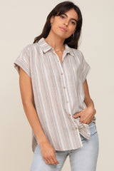 Beige Striped Linen Button Down Short Sleeve Maternity Top