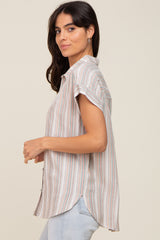 Beige Striped Linen Button Down Short Sleeve Top