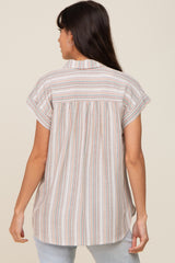 Beige Striped Linen Button Down Short Sleeve Top