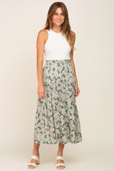 Green Floral Tiered Maxi Skirt