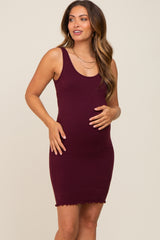 Burgundy Ribbed Sleeveless Lettuce Hem Maternity Dress