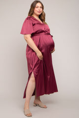 Burgundy Satin Wrap Plus Maternity/Nursing Dress