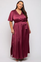 Burgundy Satin Wrap Plus Nursing Dress