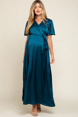 Teal Satin Wrap Maternity/Nursing Dress